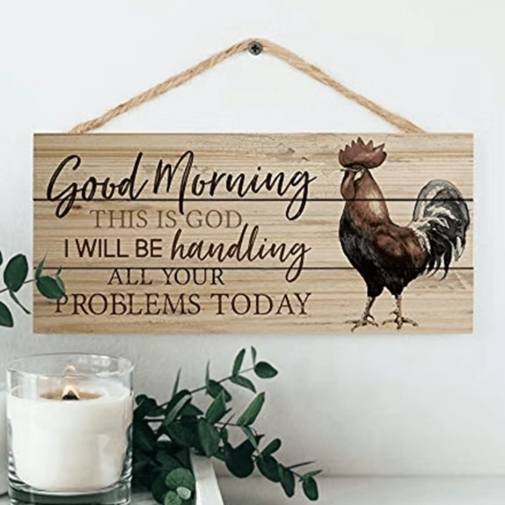 New Good Morning This Is God Rooster Pine Wood Decorative Hanging Sign, T1MIS